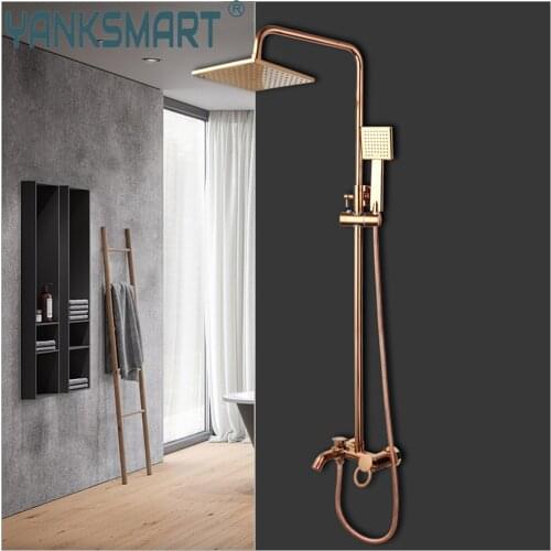 YANKSMART 8 Inch Rose Gold Rainfall Square Shower Head Bathroom Faucet Set Wall Mounted Bathtub Shower Mixer Water Tap Combo Kit