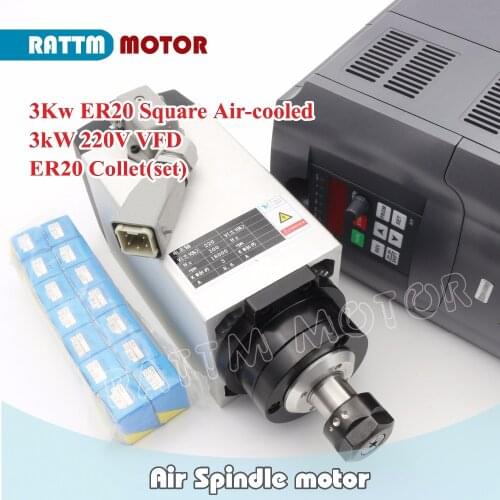 Square 3KW ER20 Air Cooled Spindle motor 4 Bearings & 3kw VFD Inverter Drive 220V for CNC Router Engraving Milling Machine