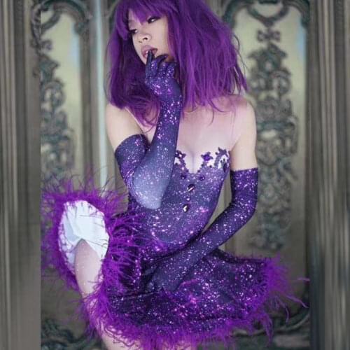 Purple Crystal Feather Mini Tutu Dress Women Sexy Dance Ballet Costume Nightclub Party Dress Stage Performance Clothing Carnival