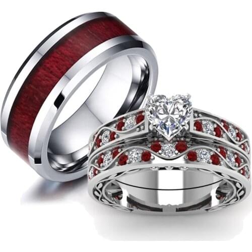 Fashion Couple Rings Women Heart White Crystal CZ Rings Set Mens Red Wood Inlay Stainless Steel Ring Wedding Band Jewelry