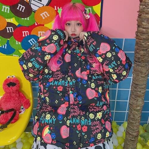 Japanese original style cartoon printing lovely girl autumn winter hooded thickened cotton padded coats