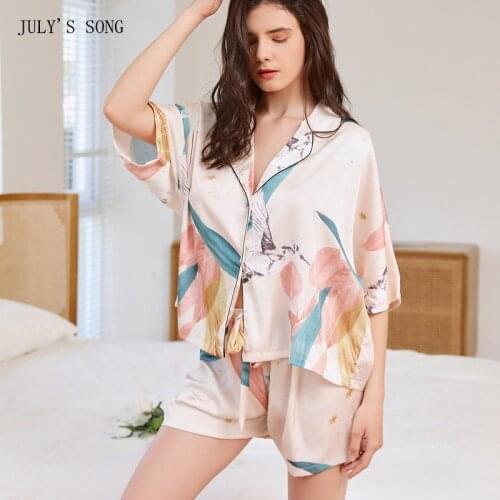 JULYS SONG Satin Silk Pajamas Set Summer Woman Pajamas Sleepwear Casual Shorts Plant Printing Satin Silk Female Homewear