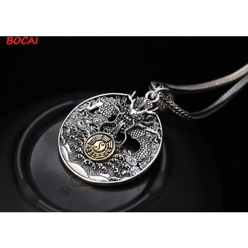 Real s925 sterling silver personality Tenglong nine palaces gossip tag pendant distressed Thai silver hollow pendant for men and