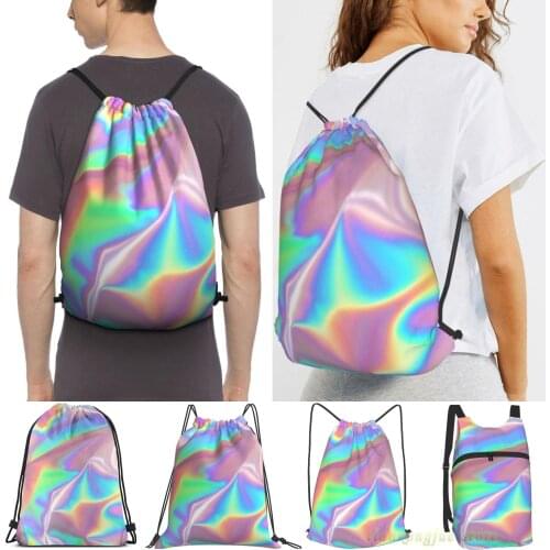 Unisex Drawstring Bags Holographic Pattern Women Drawstring Backpacks Men Outdoor Travel Backpacks Training Fitness Bag