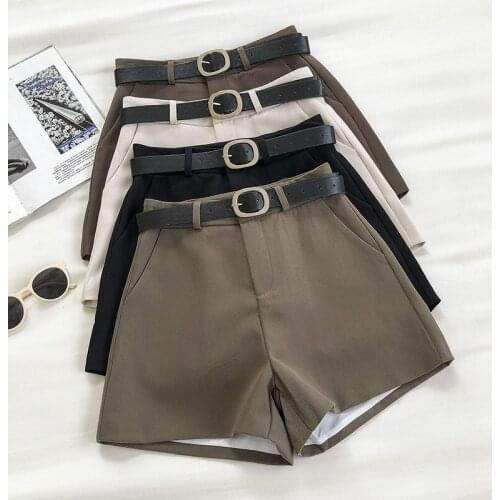 Korea Casual Suit Shorts 2021 Vintage Women All-match With Sashes Wide Leg Shorts Office Lady High Waist Straight A-Line Shorts