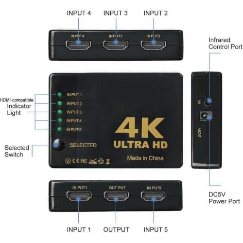 Ultra HD 4K HDMI-compatible Splitter 1x5 Port 3D 4K*2K Video With Input Switch 5 1 DVD Switcher PC For PS3 Output HUB IR Re G3I5