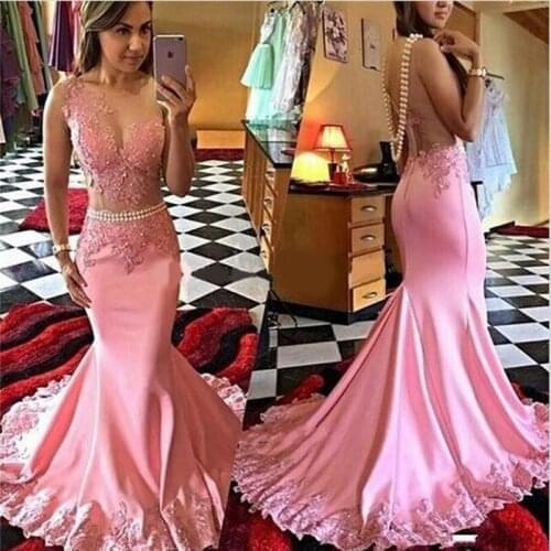 Vestido De Noche Sexy Mermaid Evening Dresses 2019 Appliques New Arrival Removable Pearls Belt Lace Evening Porm Dresses