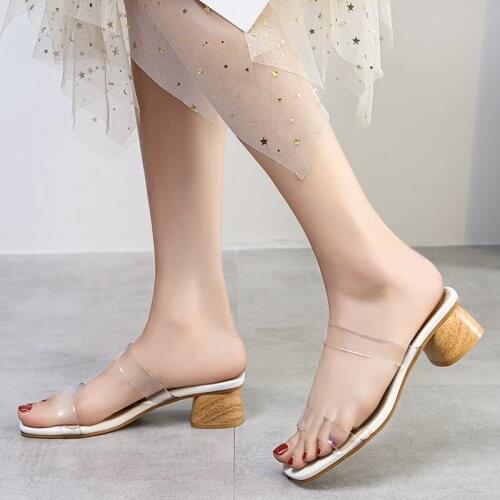 Big Size 43 New Women Block Heels 5CM Slippers Clear Transparent PVC Mules Talons Feminino Ladies Square Toe Chaussure Shoes