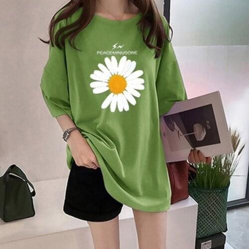Black Purple Women Half Sleeve Mid Length Loose Tops Fashion Daisy Print T-shirt Summer Spring New O Neck Casual Overiszed Tees