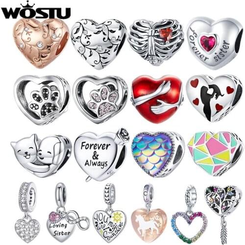 WOSTU HOT SALE 925 Sterling Silver Love Heart Shape Beads Charms Fit Original Bracelet Women DIY Fashion Jewelry Making Gift