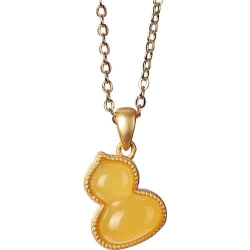 925 sterling silver gold plated Natural amber beeswax Pendant Retro National tide Ladies Gourd Choker Chain set pendant