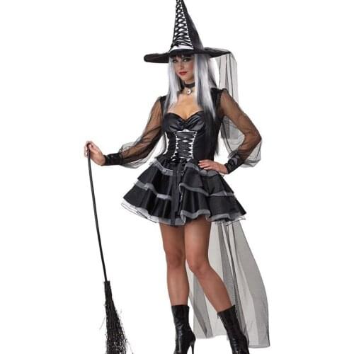 Women Halloween Dark Magic Mystic Witch Costumes Cosplay Lace Mesh Ball Gown Mini Dress Fancy Cosplay Party Show Uniform Suit