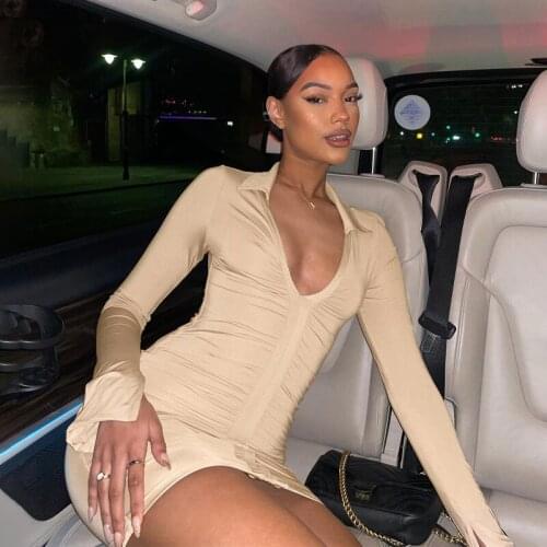 Thorn Tree Deep V Neck Sexy Bodycon Dress Women 2021 Elegant Autumn Long Sleeve Ruched Skinny Short Pencil Dress Female Vestidos