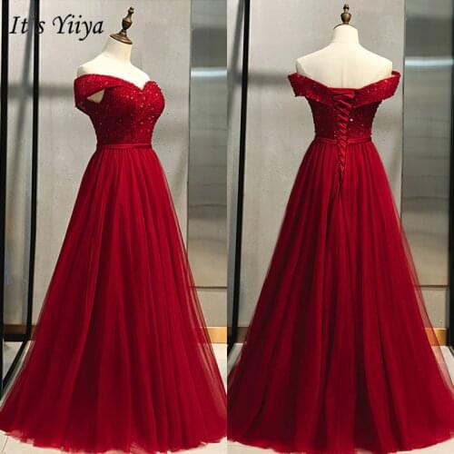 Its Yiiya Evening Dress 2019 Elegant Burgundy Off Shoulder A-Line Party Dresses Crystal Lace Up Formal Dresses Plus Size E968