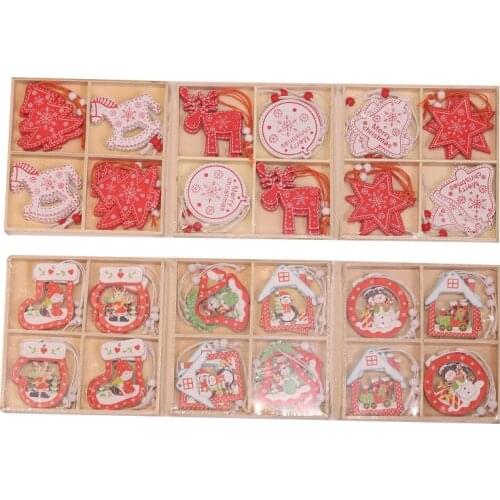 12Pcs/set Santa Claus Wooden Pendants Wood Xmas Tree Ornaments Snowman Hanging Decor Christmas Decorations For Home