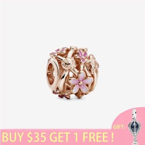 2020 New Arrival S925 Sterling Silver Beads Openwork Pink Daisy Flower Charms fit Original Pans Bracelets Women DIY Jewelry