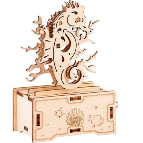 3D Puzzles Wooden Seahorse Hand Crank Music Box Assembly Toy DIY Assembled Mode Model Building Block Kits Gift