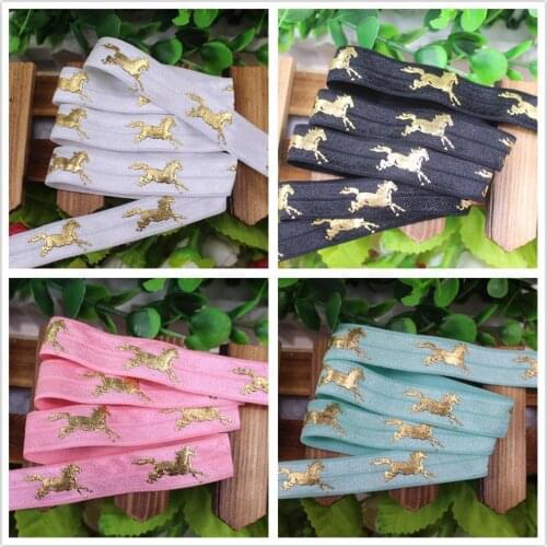 5 colors gold foil horse Printed foe elastic 5/8" fold over elastic 100 yards per lot