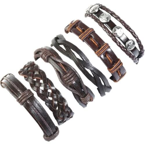 6pcs/set simple retro woven cowhide punk vintage charm wrist bracelet diy combination suit mens leather bracelet rope