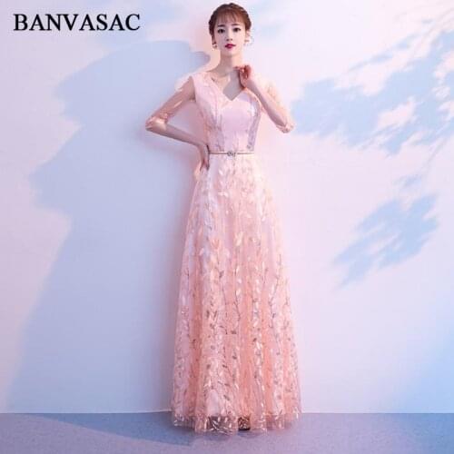 BANVASAC V Neck Crystal Sash 2018 A Line Long Evening Dresses Lace Appliques Illusion Half Sleeve Backless Party Prom Gowns