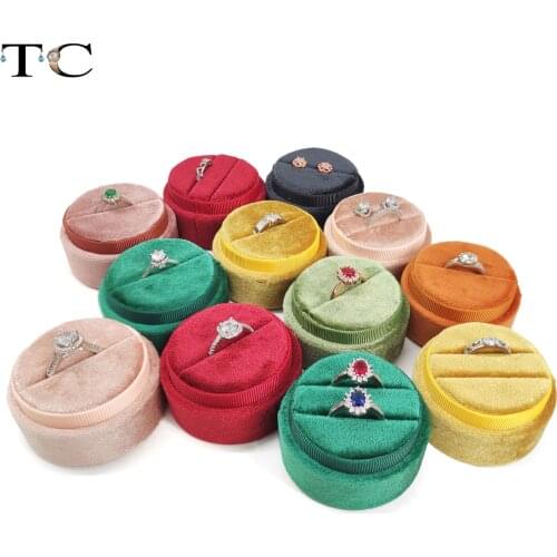 Velvet Double Ring Box Round Wedding Ceremony Ring Box with Detachable Lid Trinket Container Jewelry Organizer