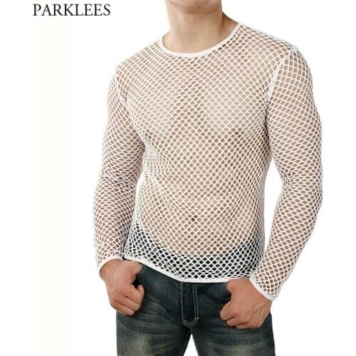 White Mesh See through Fishnet T-shirt Men 2021 Sexy New Long Sleeve Transparent Tee Shirt Homme Hip Hop Streetwear Camisetas