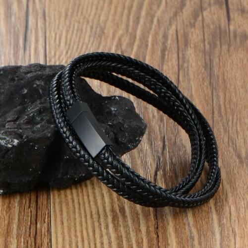 Fashion Stainless Steel Charm Magnetic Black Men Bracelet Leather Genuine Braided Punk Rock Bangles Jewelry Accessories Friend