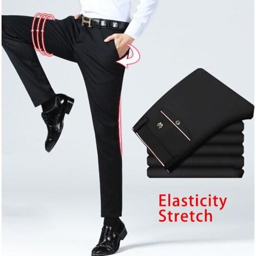New Mens Solid Pants Men Casual Elastic Long Trousers Cotton Suit Pants Skinny Office Work Pants for Male Classic Clothing