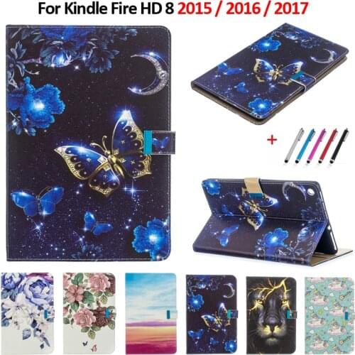 Case For Amazon Kindle Fire HD 8 2017 2016 2015 Cover Butterfly Flowers Ebook Reader Cover For Kindle Fire HD 8 Case Funda + Pen