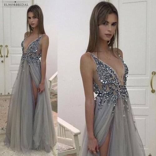 Silver Beaded Prom Dresses Long 2021 Deep V Neck Evening Gowns Gala Jurken Side Split Robe De Bal Longue Party Dress