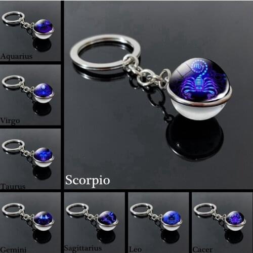 Double-sided glass ball zodiac sign keychain metal keychain holder couple keychain gift constellation jewelry