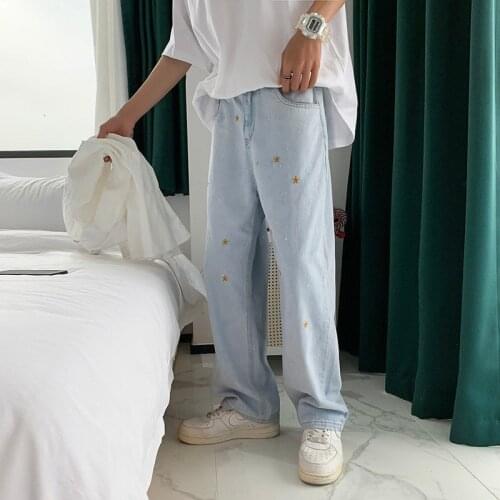 Washed Jeans Embroidery Stars Wide-leg Straight Pants Casual Youth Fashion Denim Trousers Loose Simple Jean Men Four Seasons