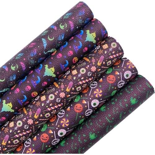 Halloween Ghosts Candies Printed Faux Leather Vinyl Fabric with Felt Backing Leather Sheets For Bows DIY A4 SIZE T589