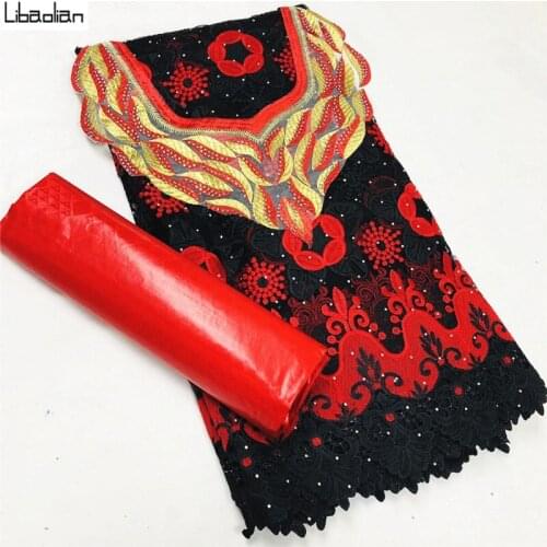 3pcs Black&Red French Net Tulle Lace With Match Perfume bazin set Tulle cord Lace Net Collar Embroidered 2.5+2.5yards/pcs B29-15