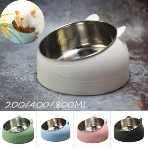 Non-slip Cat Dog Bowl 15 Degrees Tilted Safeguard Neck Puppy Cats Feeder Stainless Steel Crashworthiness Dish for Cat Pet Bowls