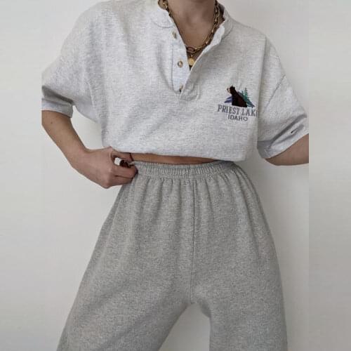 Fashion T-shirts 2021 New Summer Grey Loose T-shirt Streetwear Casual Embroidery Tee Crop Tops Short Sleeve Women T-shirts