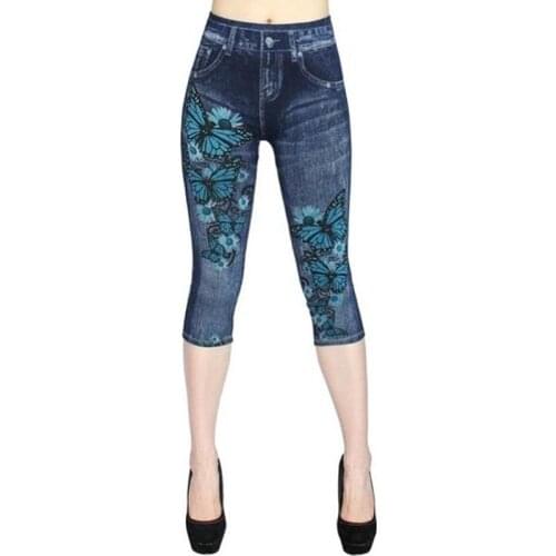 New Faux Jeans Leggings Women Stretch Printed Short Leggins Calf-Length Pants Summer Breeches High Waist Jeggings