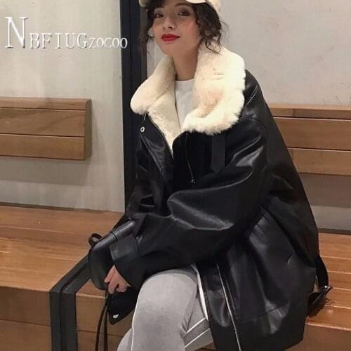 2020 New Korean Lining With Imitation Lambswool Women Pu Leather Coat Thick Warm Female Jacket