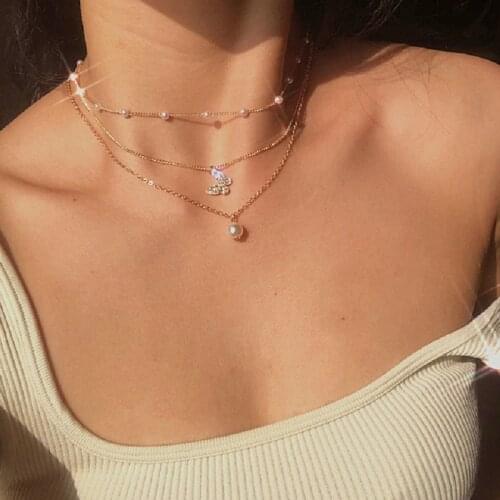 2021 NEW Trendy Butterfly Pearls Pendant Necklace For Women Fashion Gold Multilayer Clavicle Choker Necklaces Jewelry Gift