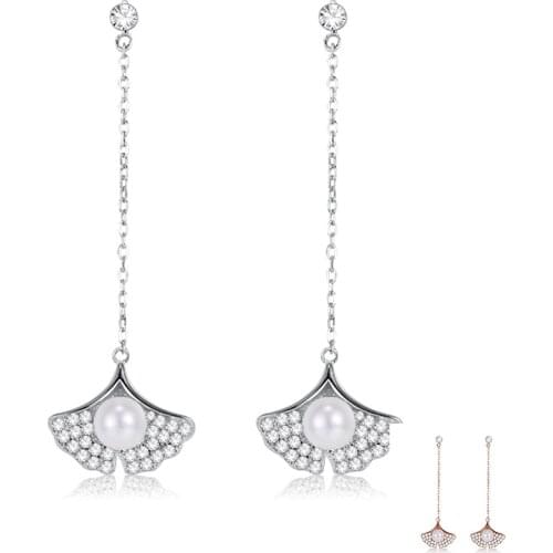 SILVERHOO S925 Sterling Silver Apricot Leaf & Shell Pearl Earrings For Women Dazzling Zircon Tassel Drop Earring Fine Jewelry
