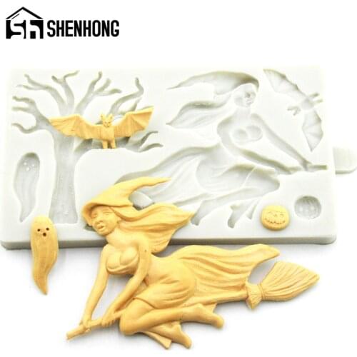 SHENHONG Pumpkin Biscuit Halloween Ghost Bat Broom Witch Chocolate Candy Silicone Fondant Cake Mold Sugar Craft Decorating Mould