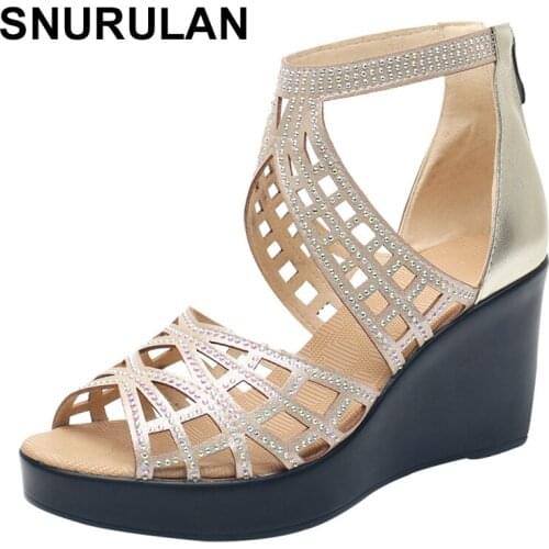 SNURULAN 2020 Rhinestone Women Sandals Platform Wedges High Heels Sandals Fashion Hollow Out Open Toe Summer Women Shoes