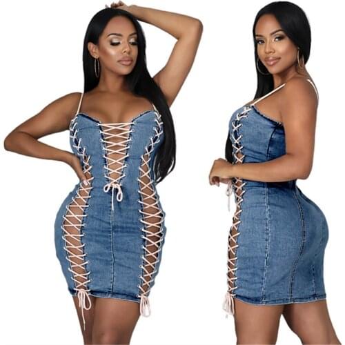 RStylish 2021 Summer Plus Size Bandage Lace Up Cross Grommet Patchwork Sleeveless Club Party Denim Mini Dress