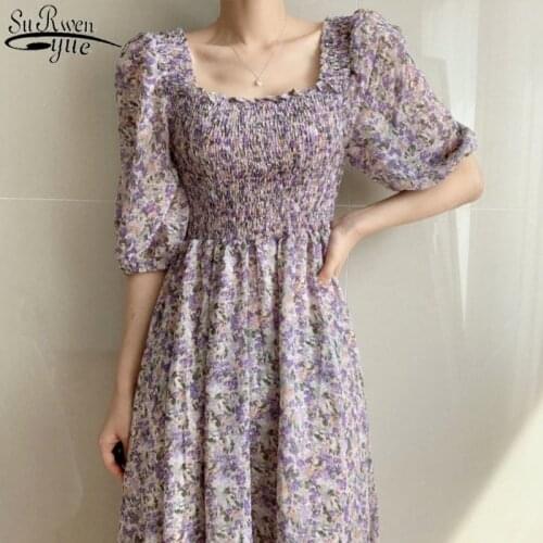 Summer Dress for Women Casual Elegant Square Neck Party Dress Chiffon Bubble Sleeve Floral High Waist Long Dress Vestidos 13853
