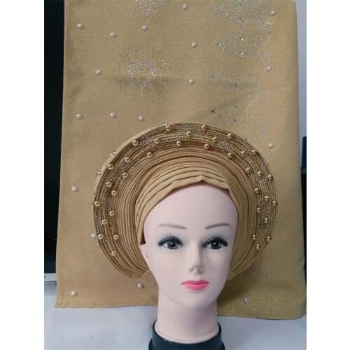 Gold African Gele Headtie Aso Oke Latest Gele Wrapper Set With Shawl Stoned Nigerian Gele Aso Oke Head tie for Party Newest