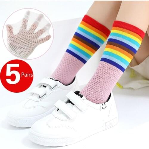5 Pairs/lot Rainbow Striped Children Boys Girls Socks Pure Cotton Summer Thin Mesh Princess Baby Girls Socks for 1-12Years Kids