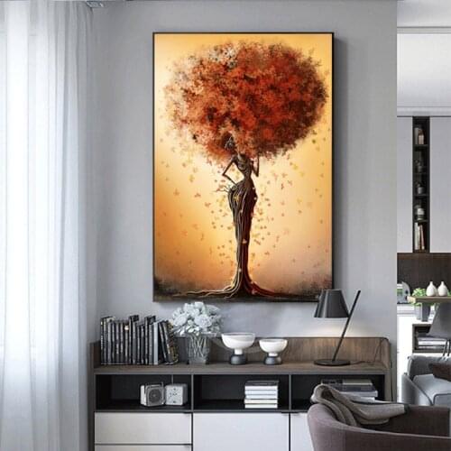 Abstract African Tree Black Girl Colored Leaves Hair Poster Printing Oil Painting Wall Art Pictures for Living Room Decor