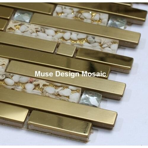 Interlocking Golden Metal Resin Shell Mirror Glass Mosaic Tile, Kitchen backsplash Shower bathroom fireplace hallway Wall Tille