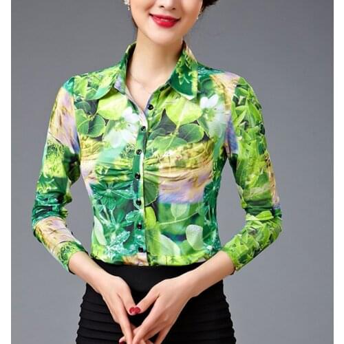 Spring Autumn Fashion Womens Green Floral Painted Full Sleeve Pleated Mesh Blouse Shirt , Casual Female Woman Flower 4XL Blouses