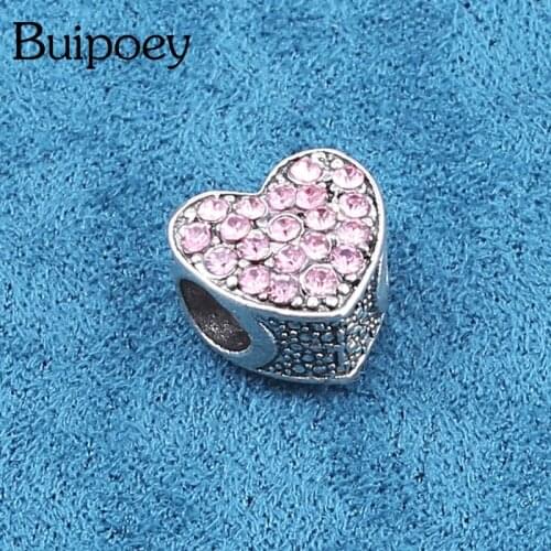 Buipoey Pink Shiny Beaded Heart Charm Fit Snake Bone Chain Bracelet & Necklace For Women Girl Jewelry Accessories New Beads